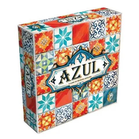 Azul box: a lid covered in blue, red and white patterned tiles around the Azul logo