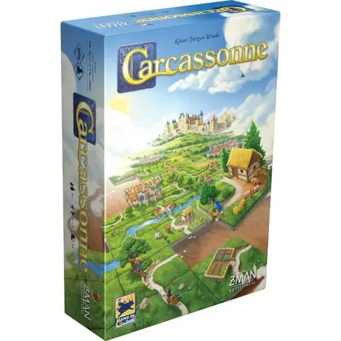 Carcassonne box: a walled medieval town on a hill above green fields and roads