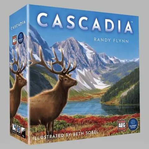Cascadia box: an elk in front of a lake, forest and snowy mountains