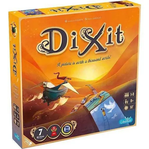Dixit box: a dreamlike orange sky with a small figure flying on a paper boat