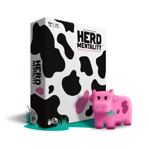 Herd Mentality box in black-and-white cow print, with the pink cow token beside it