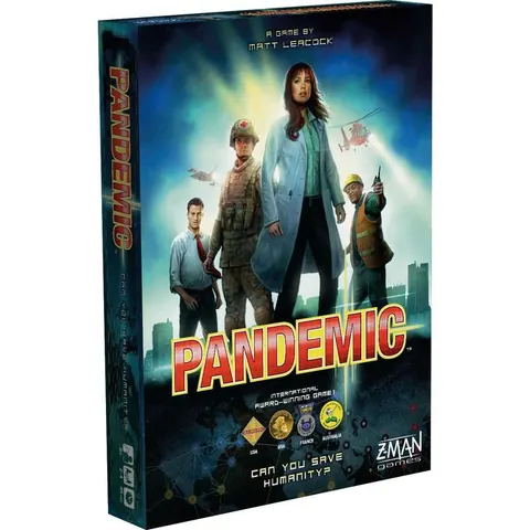 Pandemic box: a team of disease-fighting specialists standing in front of a city